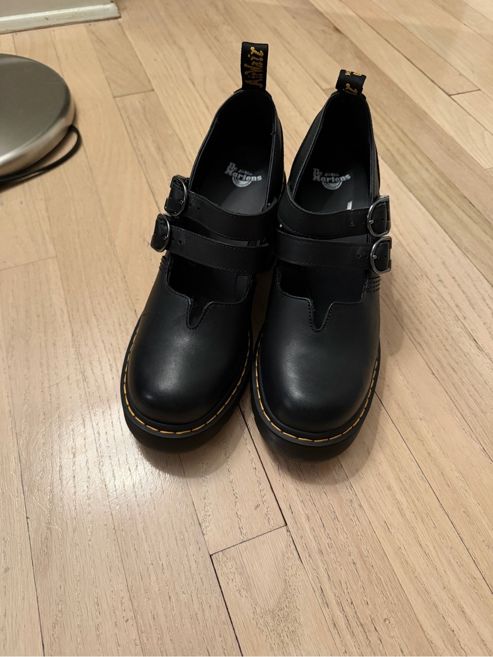 Dr. Martens Black Leather Platform Mary Jane Heels with Yellow Stitching - Picture 4 of 7